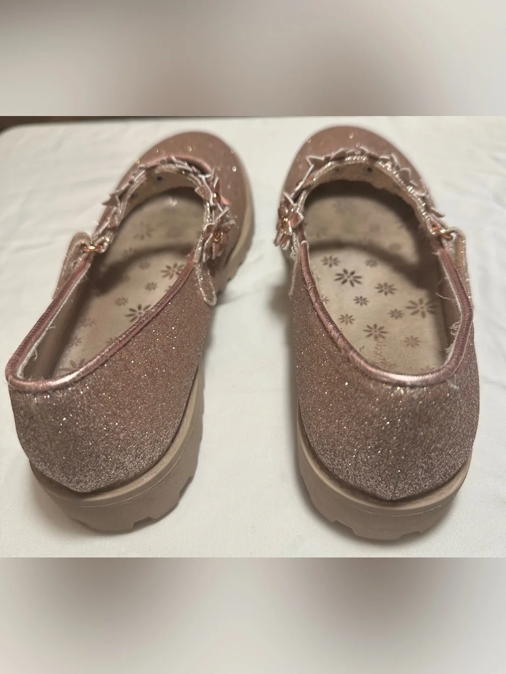 Rose Gold Glitter Mary Jane Shoes with Velcro floral  strap. Size 3M